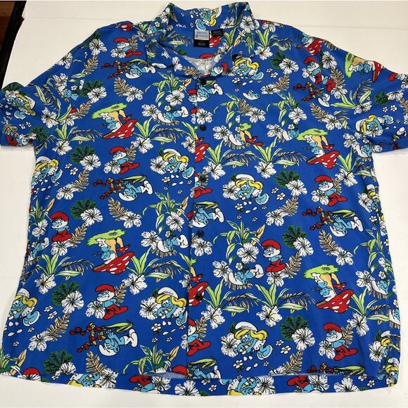 The Smurfs Hawaiian Shirt Sz 3XL Blue 100% Rayon Button Beach Camp Relax 80s - Picture 5 of 7